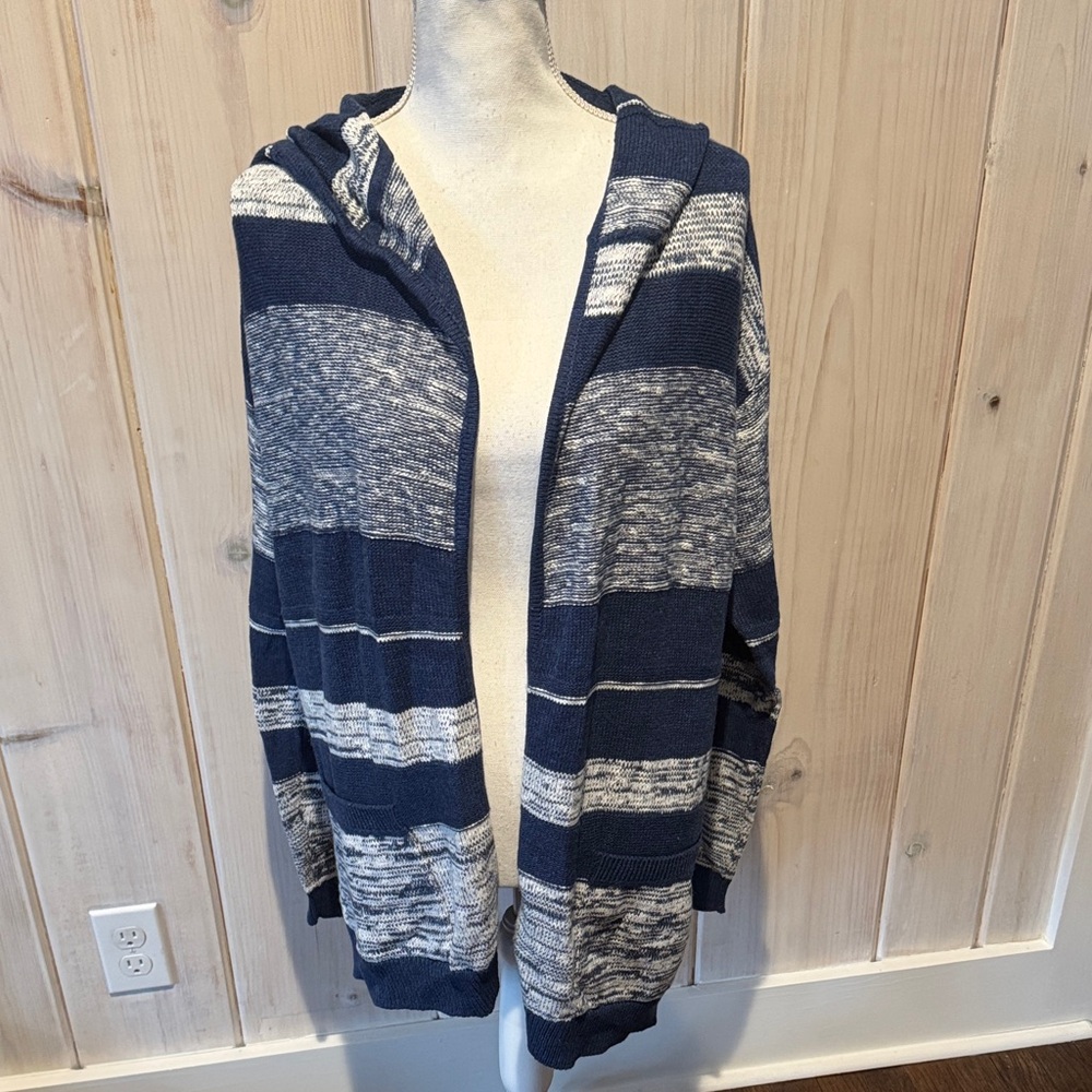 NYDJ Striped Open Front Hooded Cardigan - Navy & Heather Gray nwt